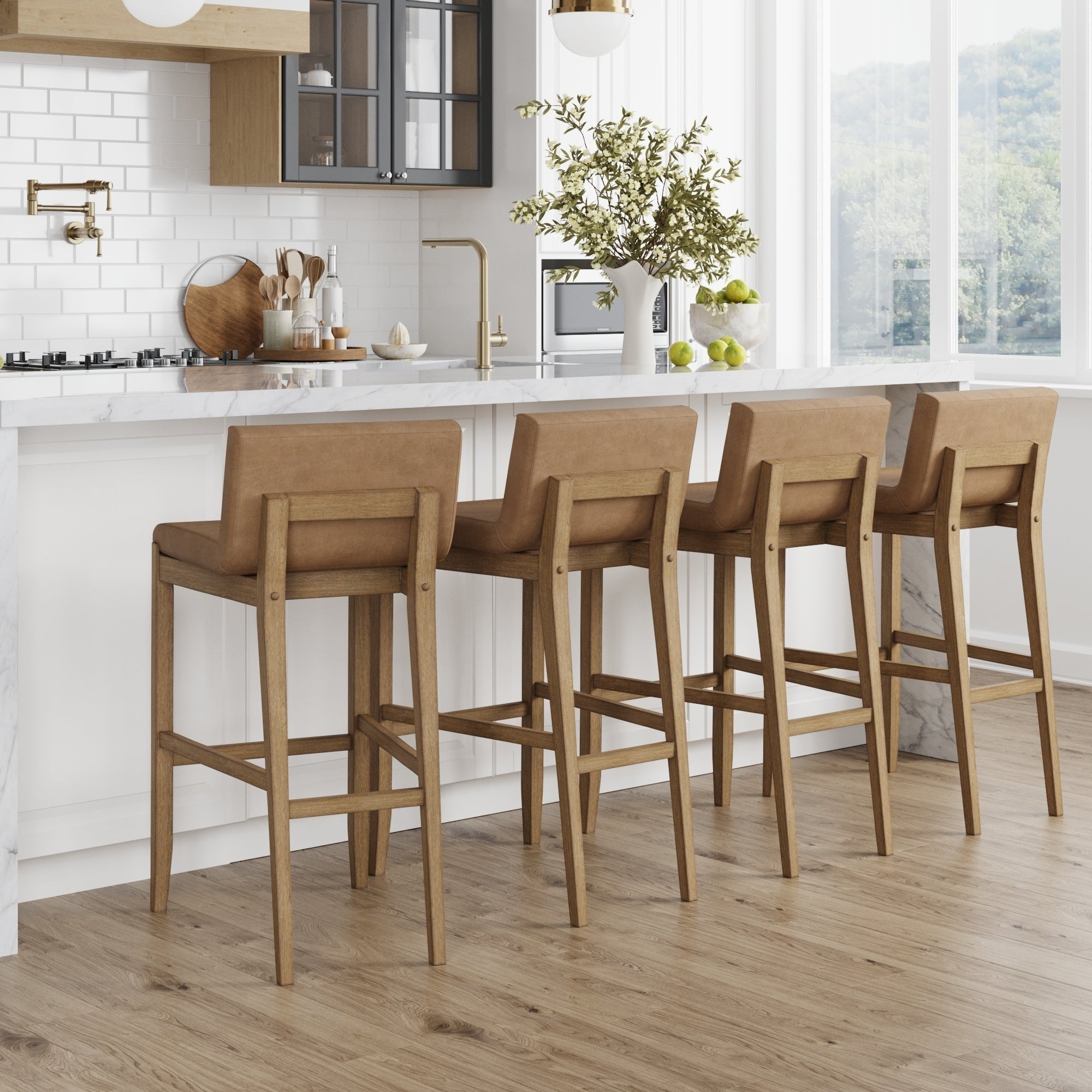 Tabouret de bar moderne Gracie, chaise rembourrée en tissu bouclé et pieds en bois brossé