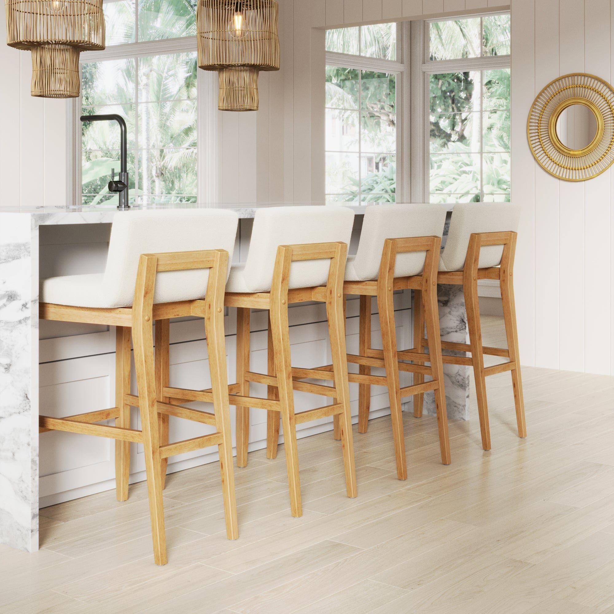 Tabouret de bar moderne Gracie, chaise rembourrée en tissu bouclé et pieds en bois brossé