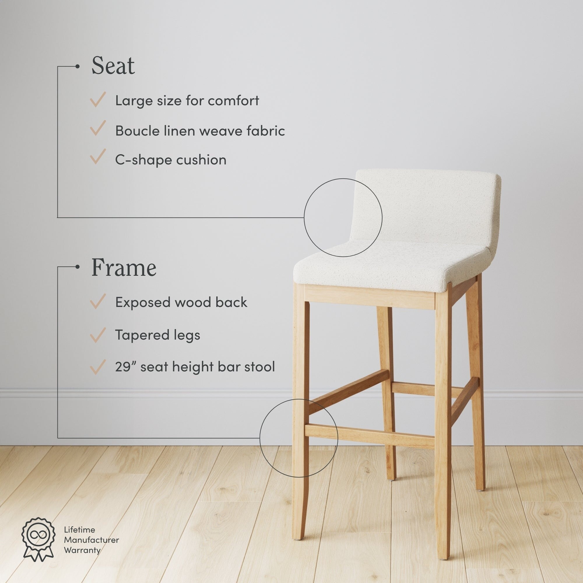 Tabouret de bar moderne Gracie, chaise rembourrée en tissu bouclé et pieds en bois brossé