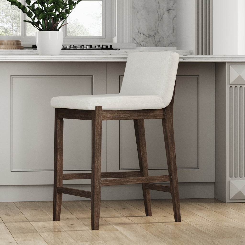 Tabouret de bar moderne Gracie, chaise rembourrée en tissu bouclé et pieds en bois brossé