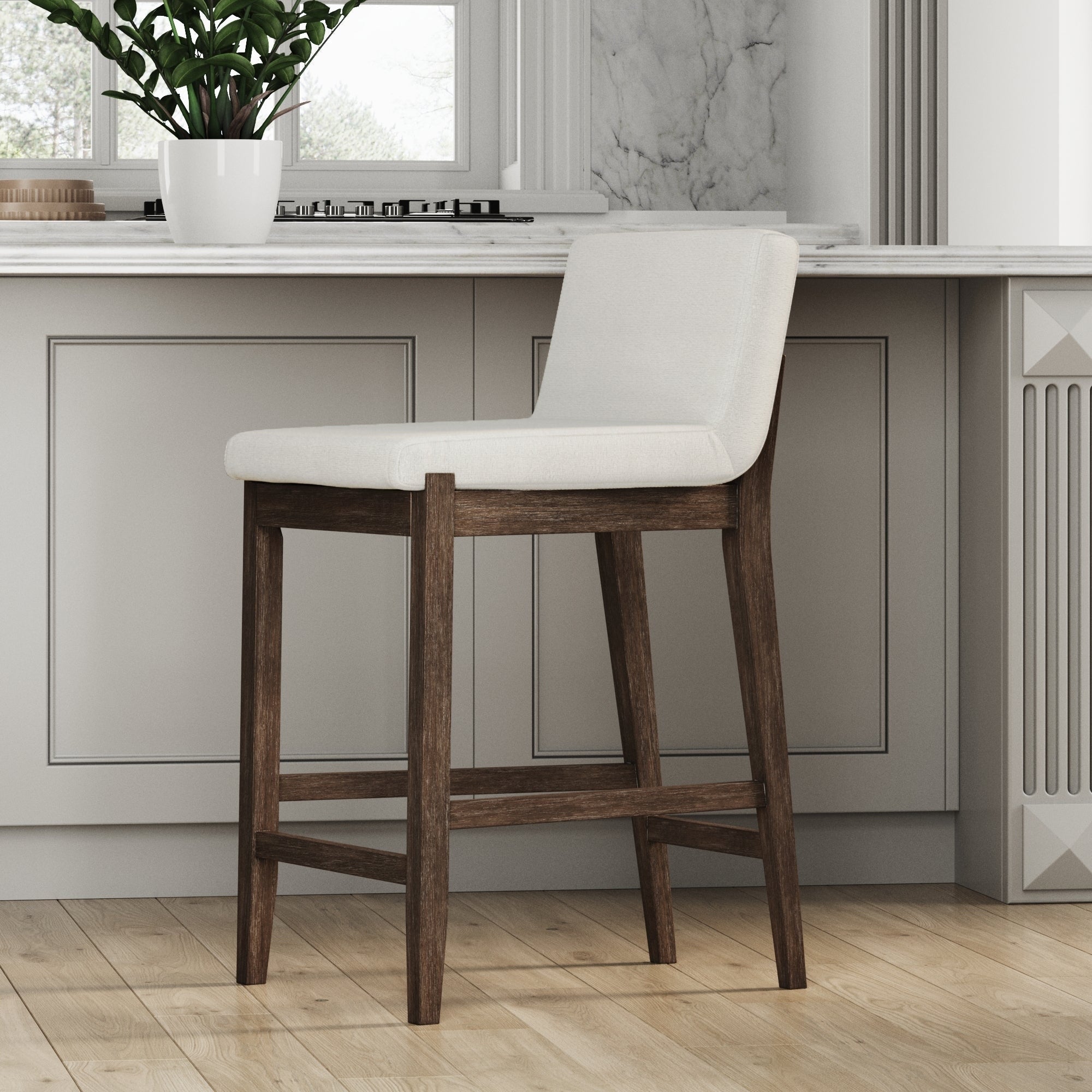 Tabouret de bar moderne Gracie, chaise rembourrée en tissu bouclé et pieds en bois brossé