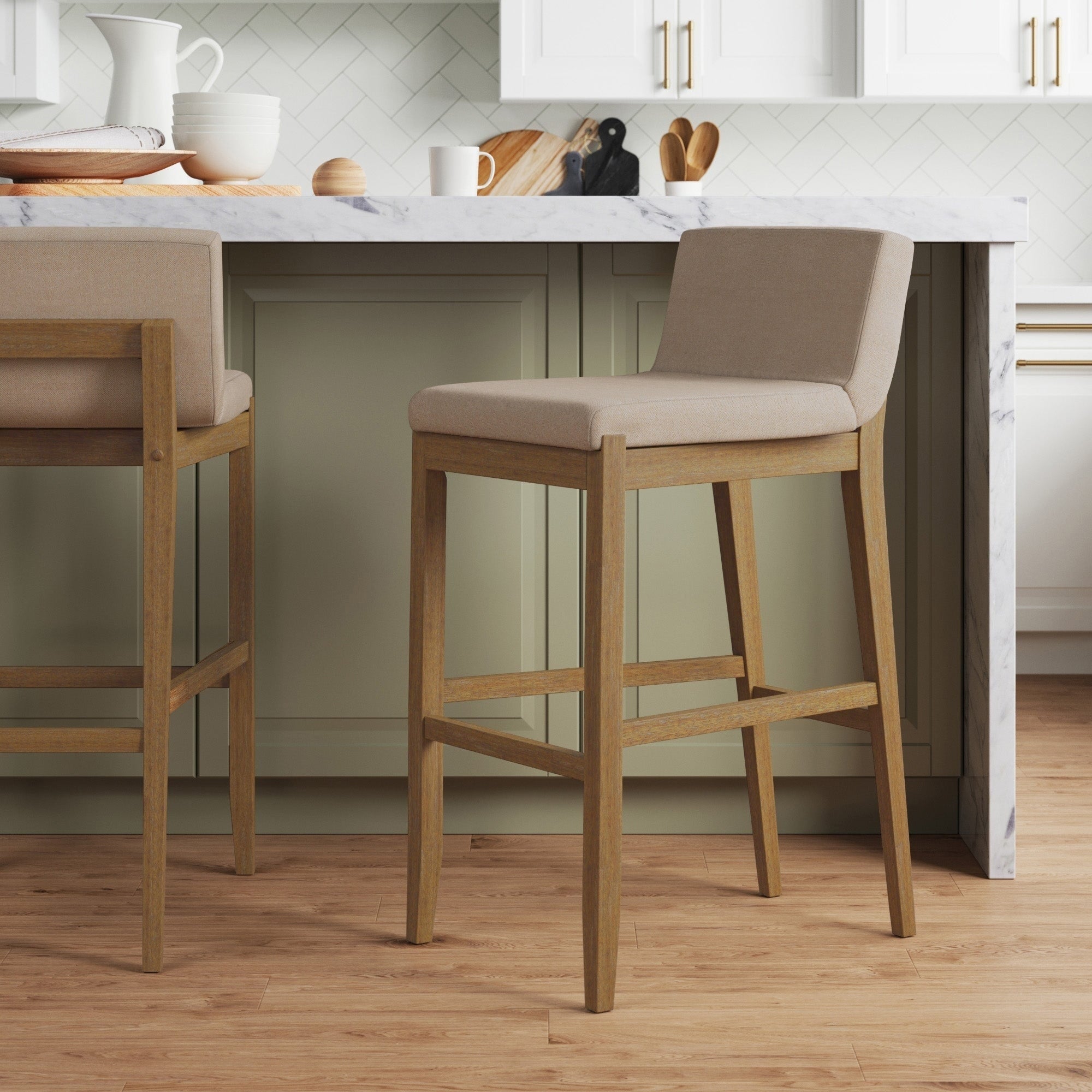 Tabouret de bar moderne Gracie, chaise rembourrée en tissu bouclé et pieds en bois brossé