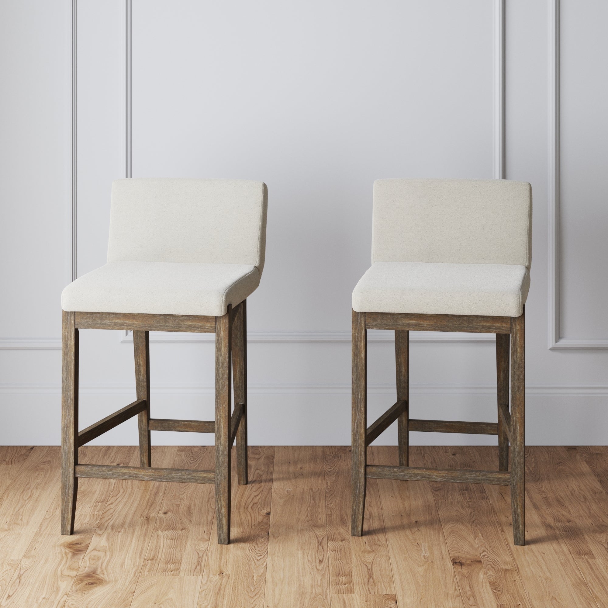 Tabouret de bar moderne Gracie, chaise rembourrée en tissu bouclé et pieds en bois brossé