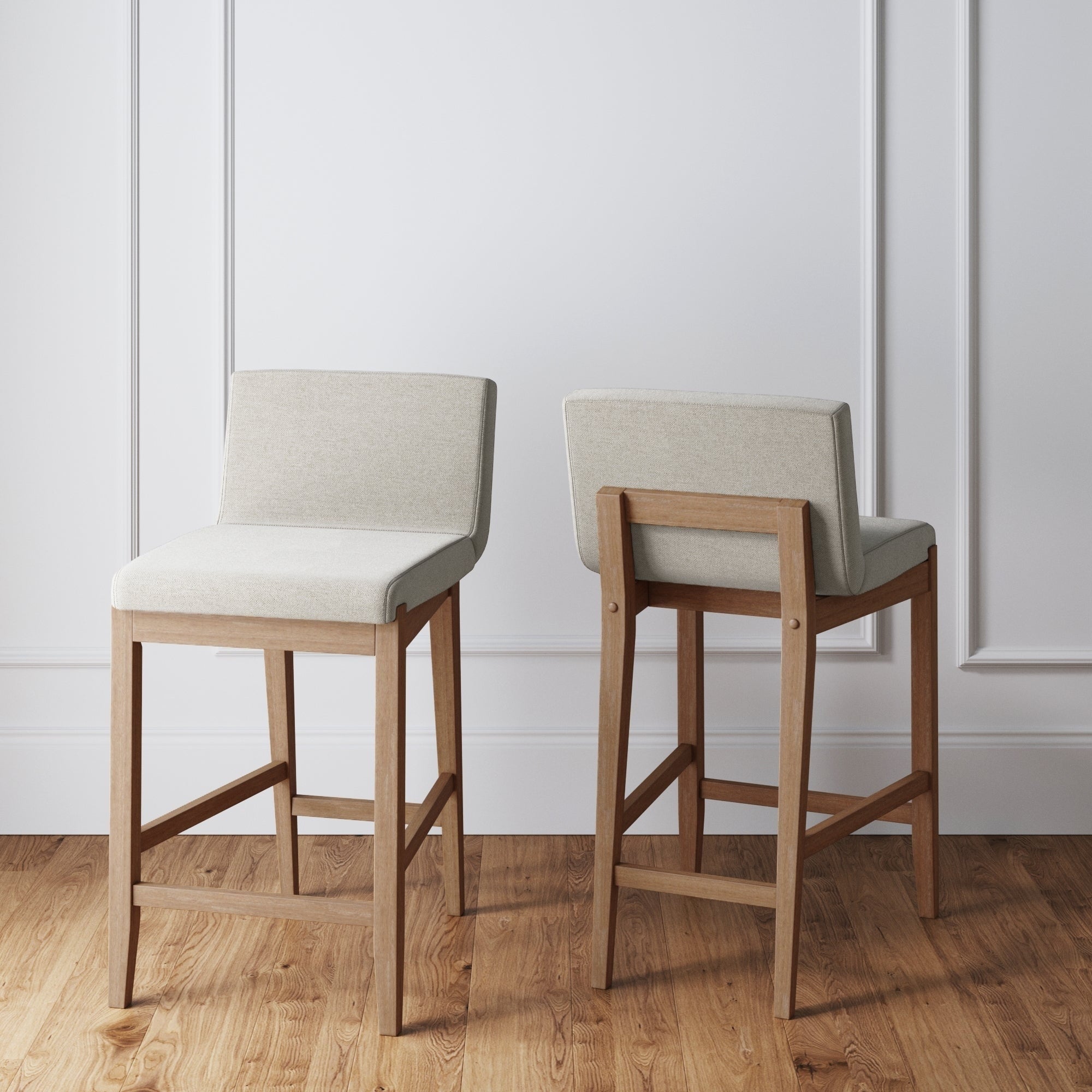 Tabouret de bar moderne Gracie, chaise rembourrée en tissu bouclé et pieds en bois brossé