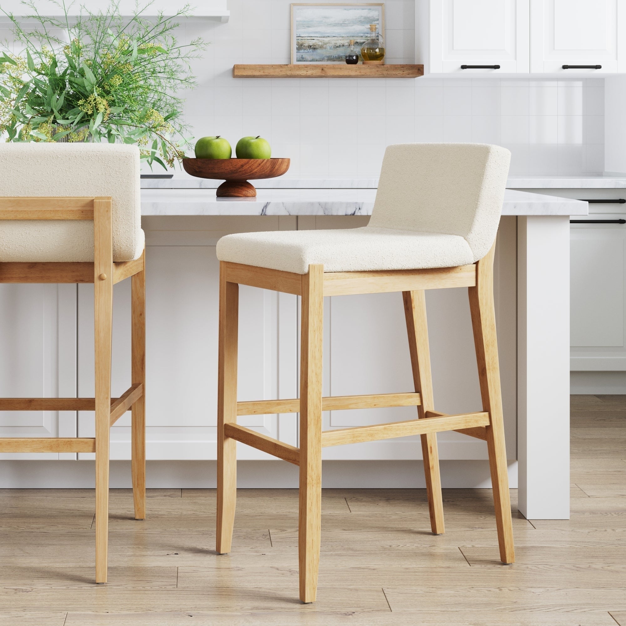 Tabouret de bar moderne Gracie, chaise rembourrée en tissu bouclé et pieds en bois brossé