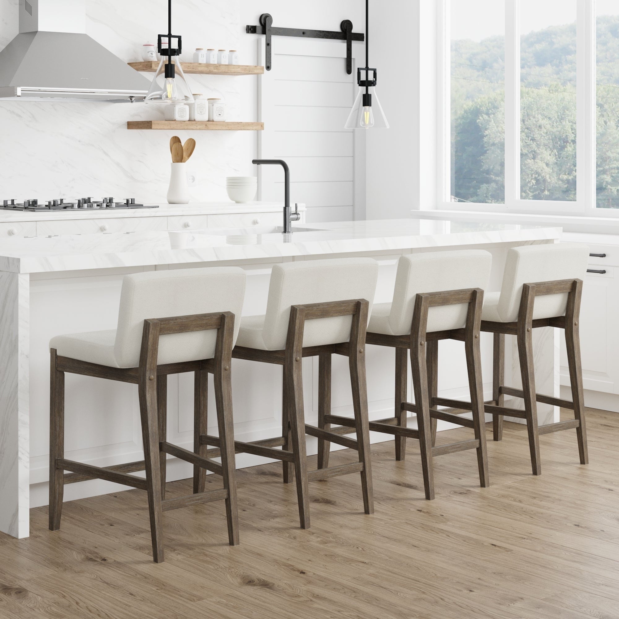 Tabouret de bar moderne Gracie, chaise rembourrée en tissu bouclé et pieds en bois brossé