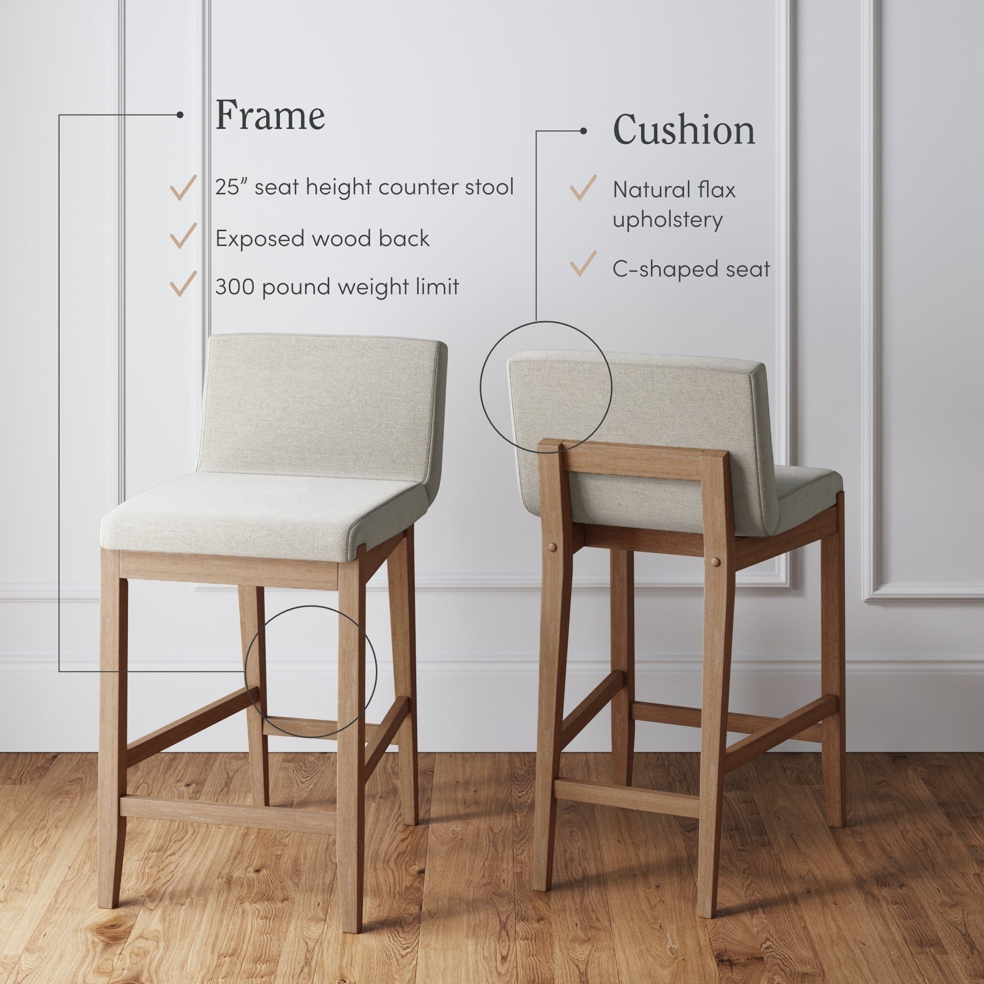 Tabouret de bar moderne Gracie, chaise rembourrée en tissu bouclé et pieds en bois brossé
