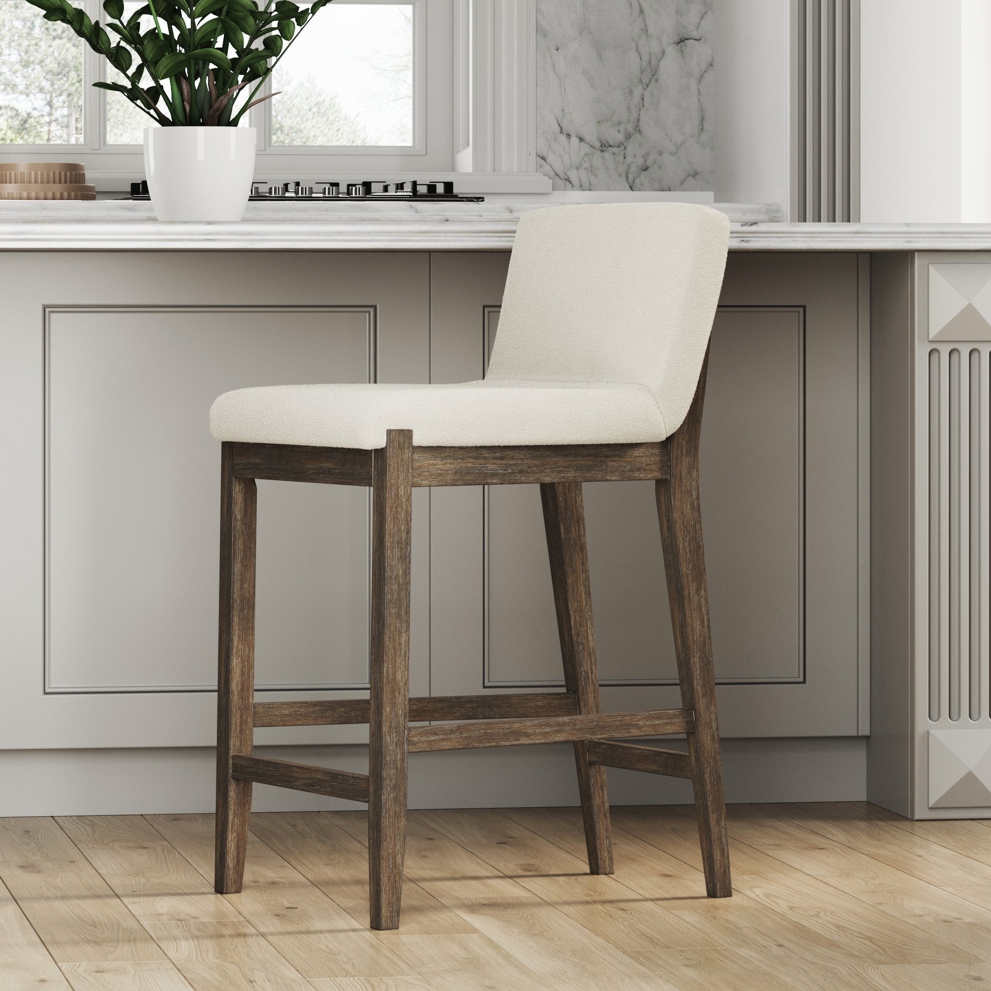 Tabouret de bar moderne Gracie, chaise rembourrée en tissu bouclé et pieds en bois brossé
