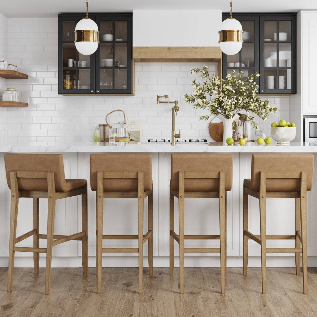 Tabouret de bar moderne Gracie, chaise rembourrée en tissu bouclé et pieds en bois brossé