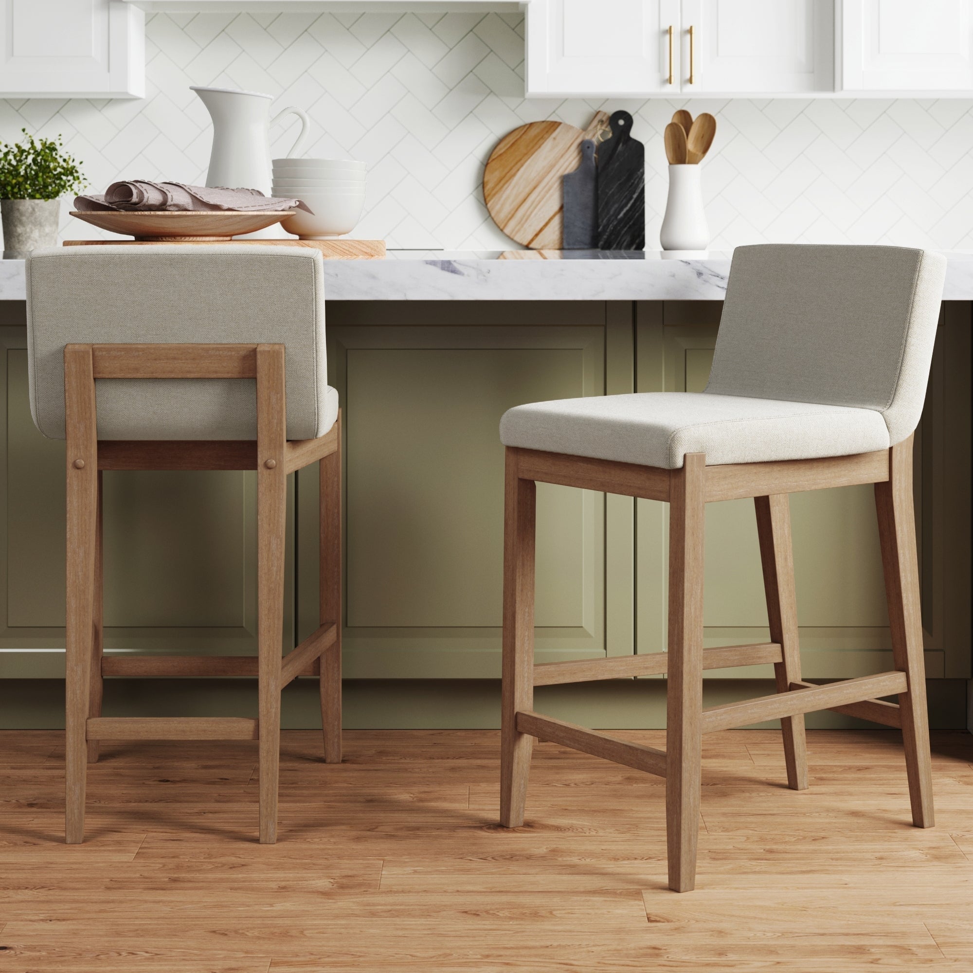 Tabouret de bar moderne Gracie, chaise rembourrée en tissu bouclé et pieds en bois brossé