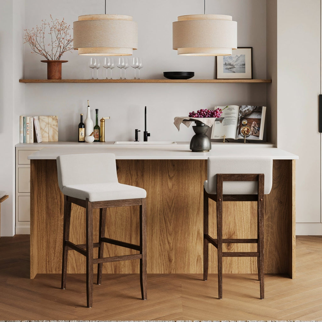 Tabouret de bar moderne Gracie, chaise rembourrée en tissu bouclé et pieds en bois brossé