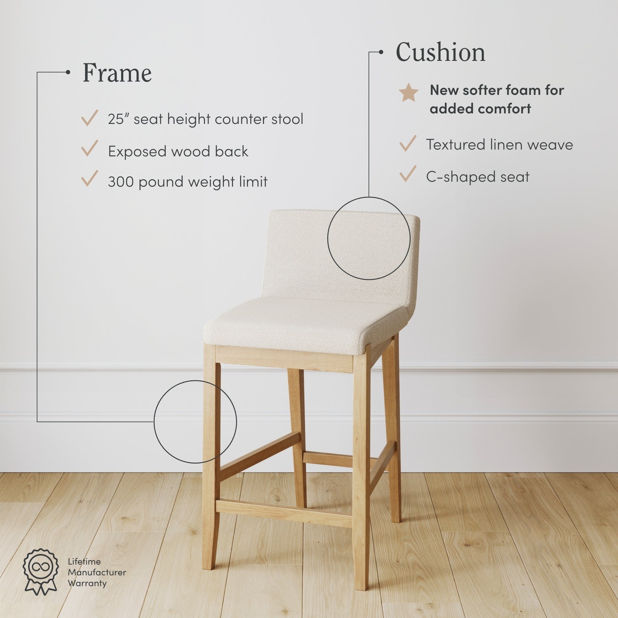 Tabouret de bar moderne Gracie, chaise rembourrée en tissu bouclé et pieds en bois brossé