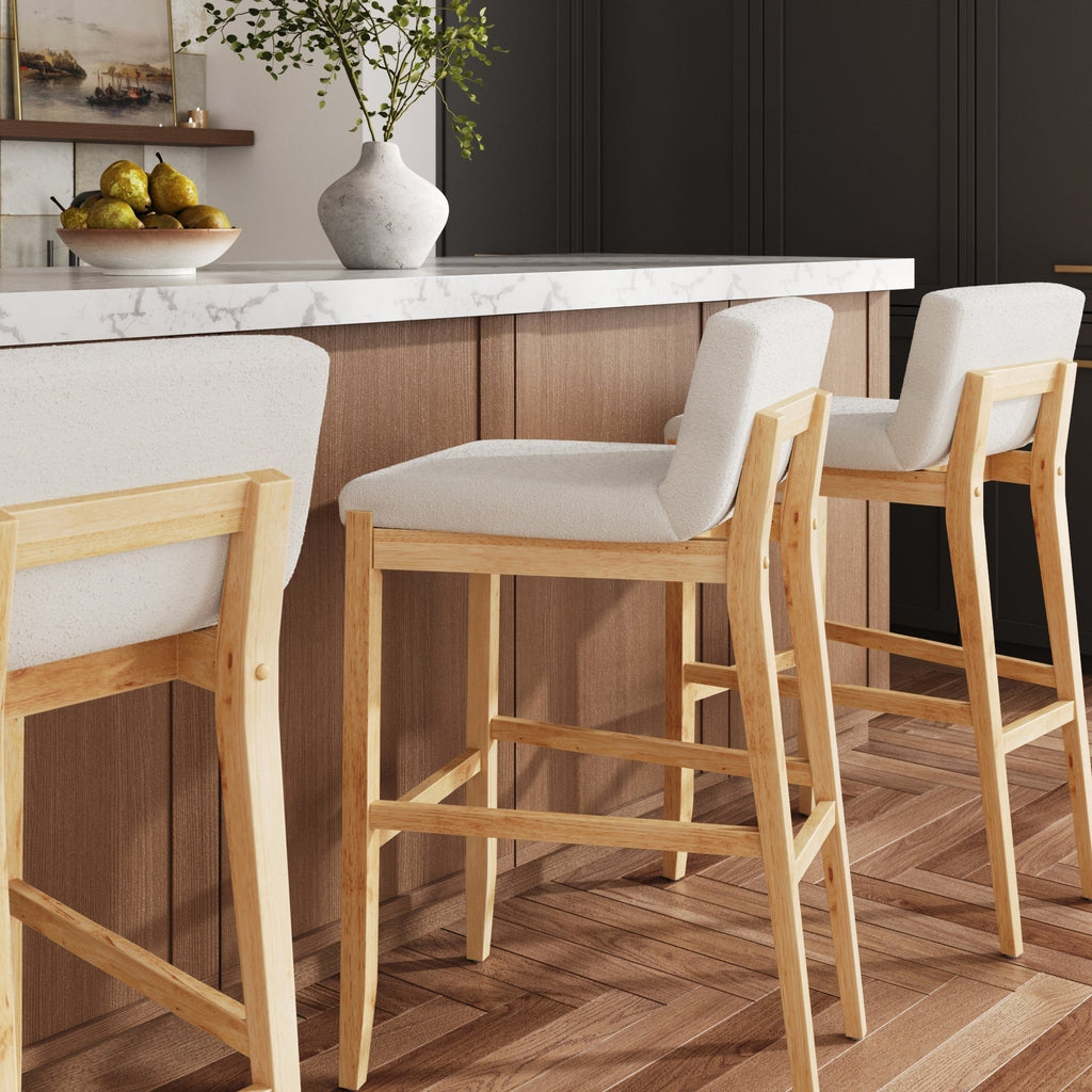 Tabouret de bar moderne Gracie, chaise rembourrée en tissu bouclé et pieds en bois brossé