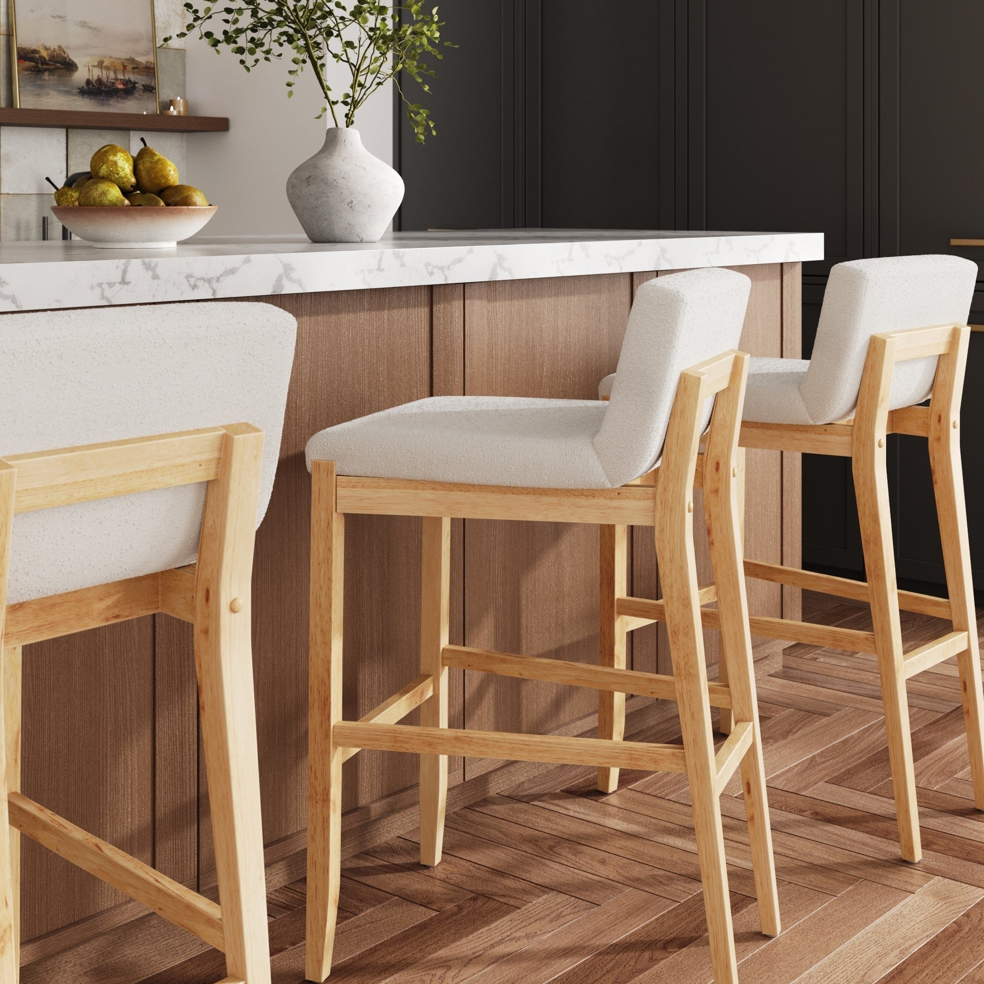 Tabouret de bar moderne Gracie, chaise rembourrée en tissu bouclé et pieds en bois brossé