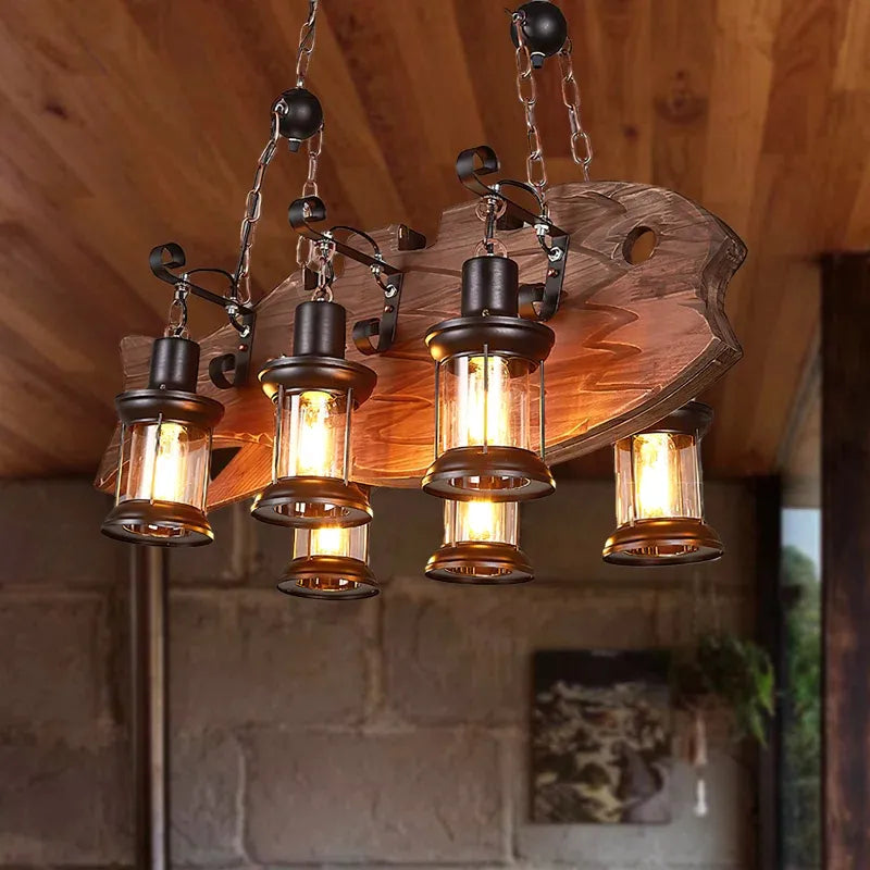 Lustre de plafond en bois brun de style industriel campagnard pour cuisine