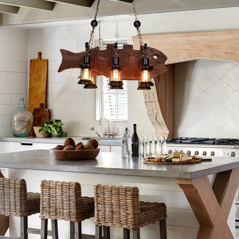Lustre de plafond en bois brun de style industriel campagnard pour cuisine
