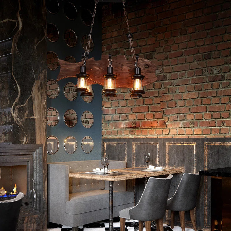 Lustre de plafond en bois brun de style industriel campagnard pour cuisine