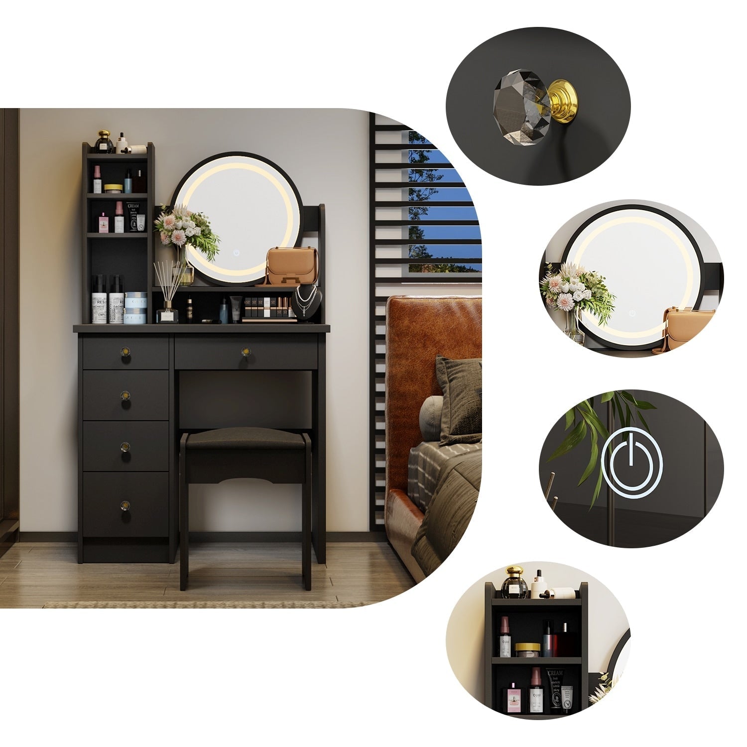 Ensemble coiffeuse avec miroir tactile et tabouret