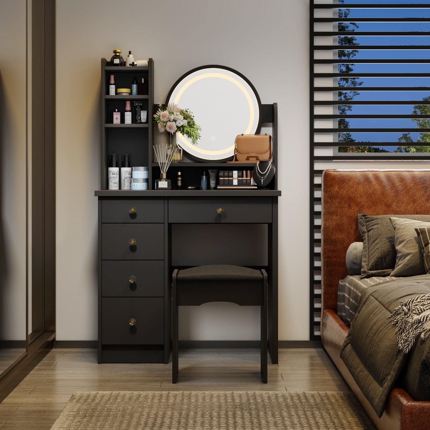 Ensemble coiffeuse avec miroir tactile et tabouret