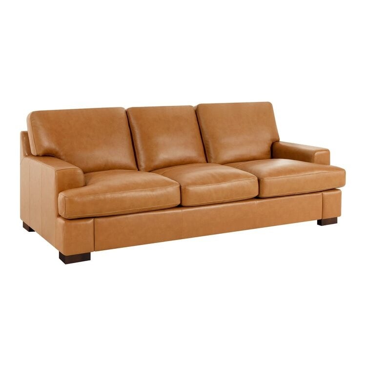 Canapé moderne en cuir véritable avec pieds en bois et coussin cylindrique supplémentaire