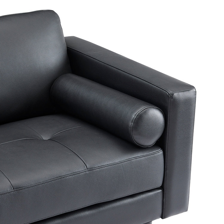 Canapé moderne en cuir véritable avec pieds en bois et coussin cylindrique supplémentaire