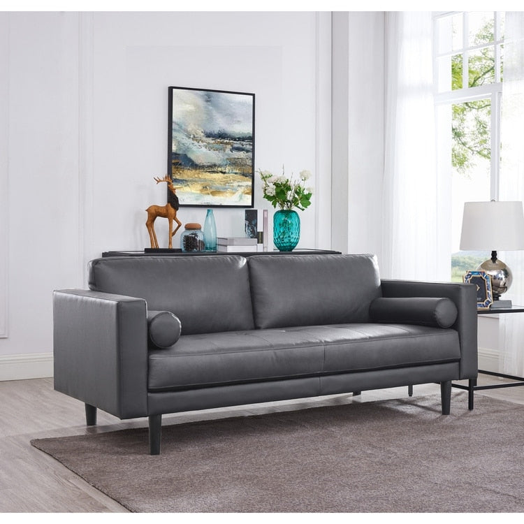 Canapé moderne en cuir véritable avec pieds en bois et coussin cylindrique supplémentaire