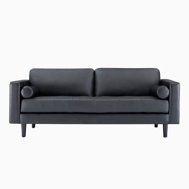 Canapé moderne en cuir véritable avec pieds en bois et coussin cylindrique supplémentaire