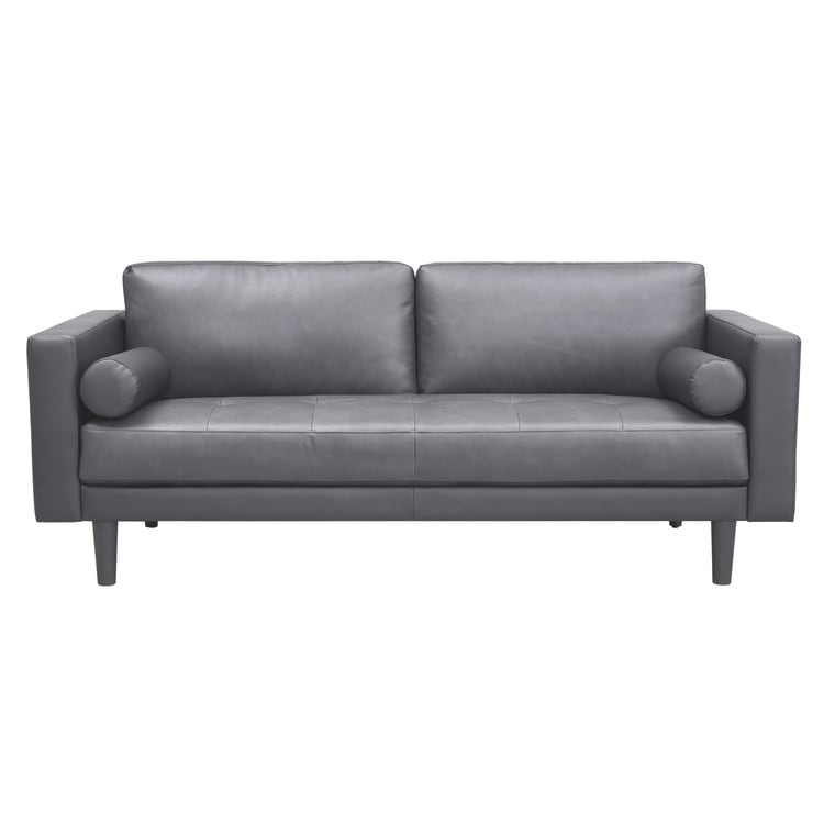 Canapé moderne en cuir véritable avec pieds en bois et coussin cylindrique supplémentaire