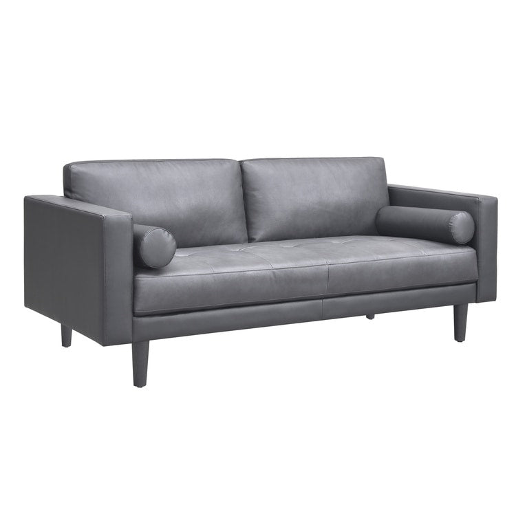 Canapé moderne en cuir véritable avec pieds en bois et coussin cylindrique supplémentaire