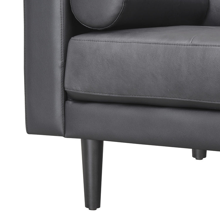 Canapé moderne en cuir véritable avec pieds en bois et coussin cylindrique supplémentaire