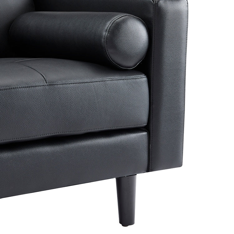 Canapé moderne en cuir véritable avec pieds en bois et coussin cylindrique supplémentaire