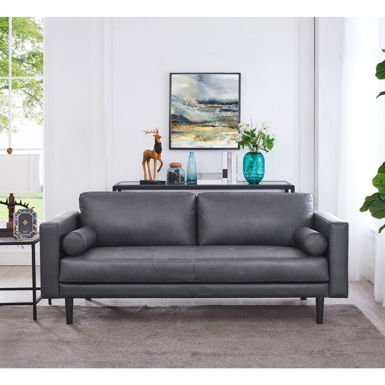 Canapé moderne en cuir véritable avec pieds en bois et coussin cylindrique supplémentaire