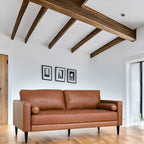 Canapé moderne en cuir véritable avec pieds en bois et coussin cylindrique supplémentaire