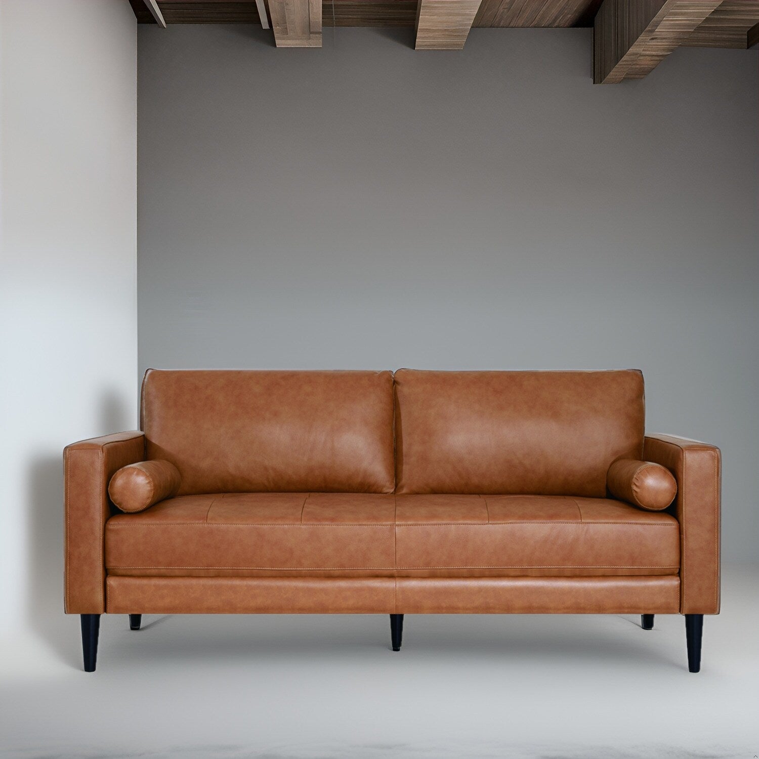 Canapé moderne en cuir véritable avec pieds en bois et coussin cylindrique supplémentaire