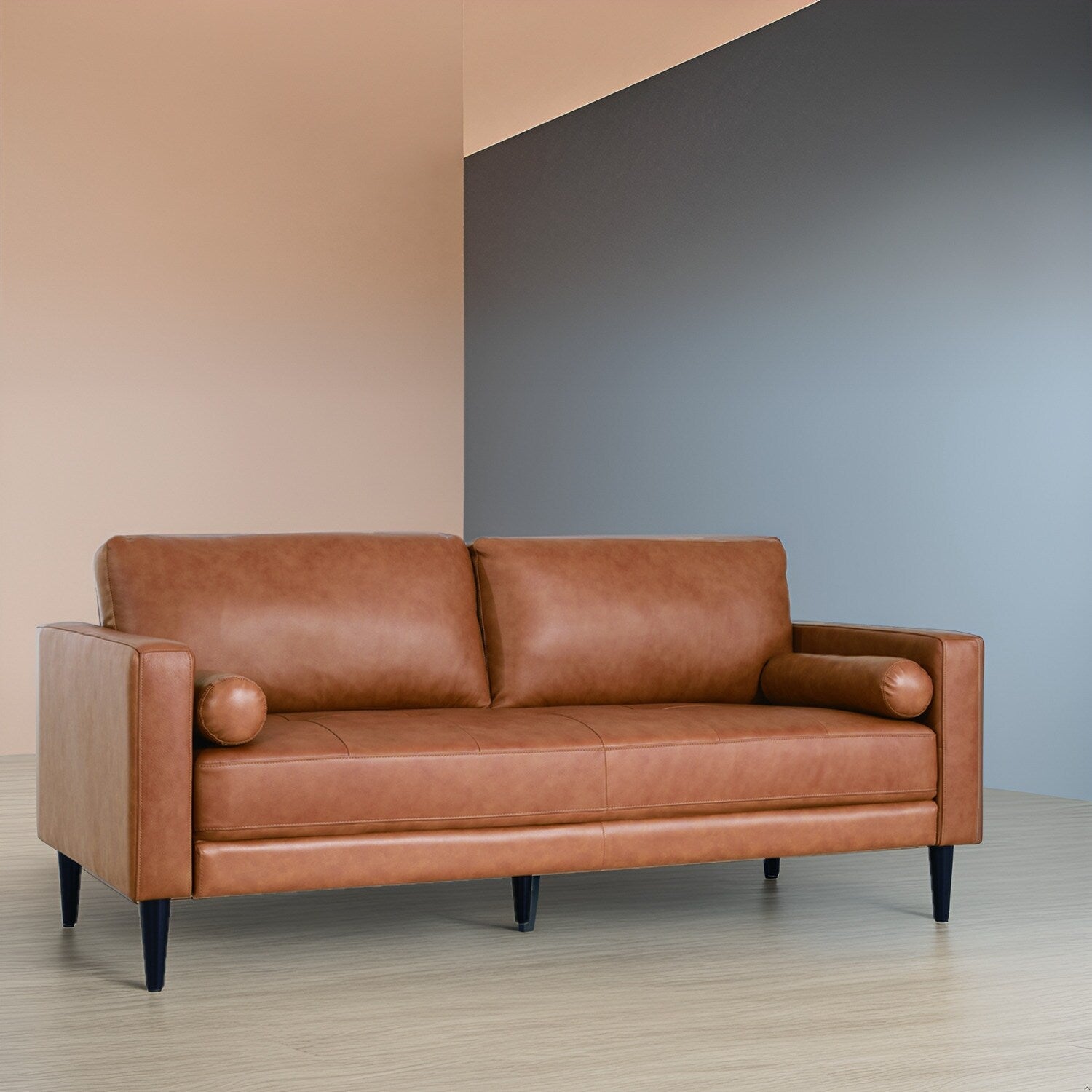 Canapé moderne en cuir véritable avec pieds en bois et coussin cylindrique supplémentaire