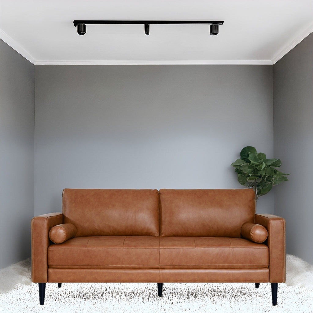 Canapé moderne en cuir véritable avec pieds en bois et coussin cylindrique supplémentaire