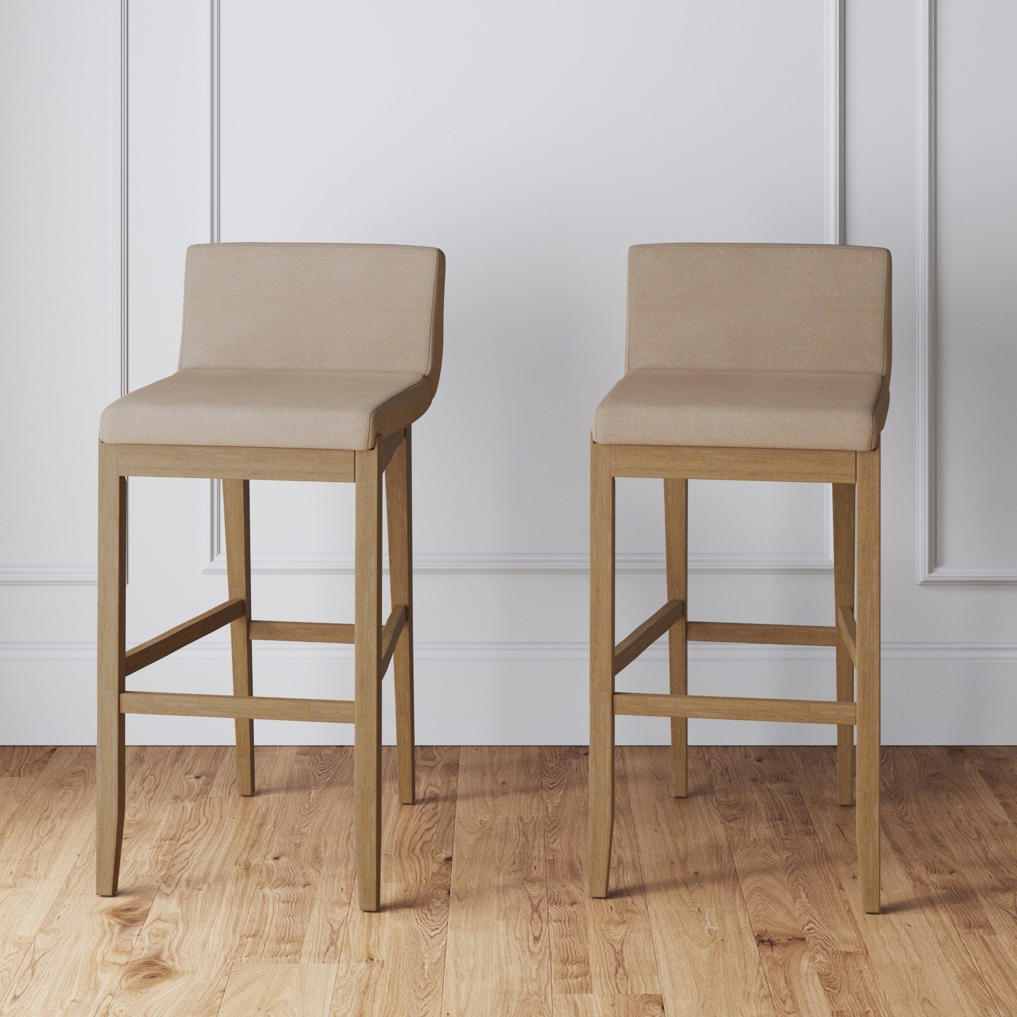 Tabouret de bar moderne Gracie, chaise rembourrée en tissu bouclé et pieds en bois brossé