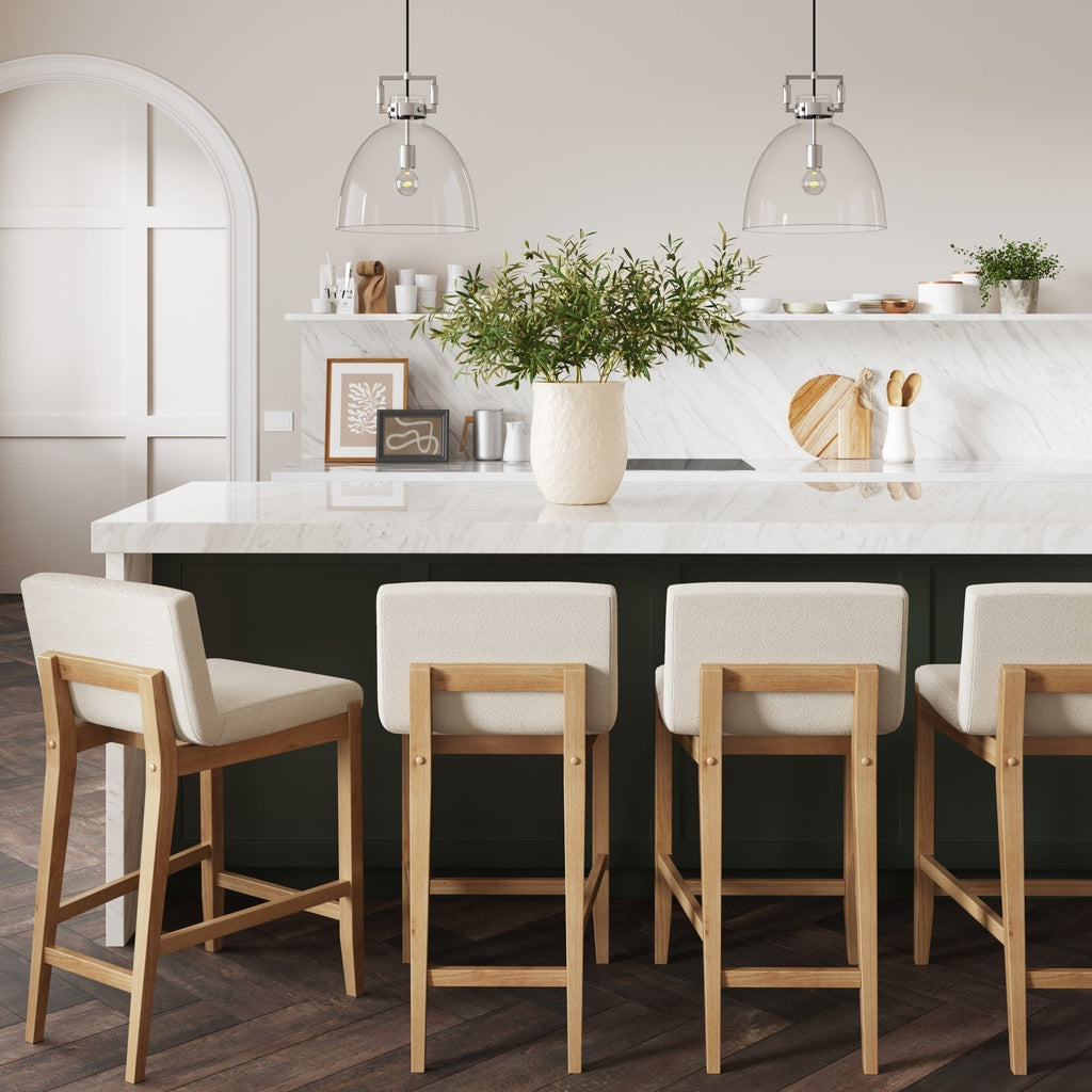 Tabouret de bar moderne Gracie, chaise rembourrée en tissu bouclé et pieds en bois brossé