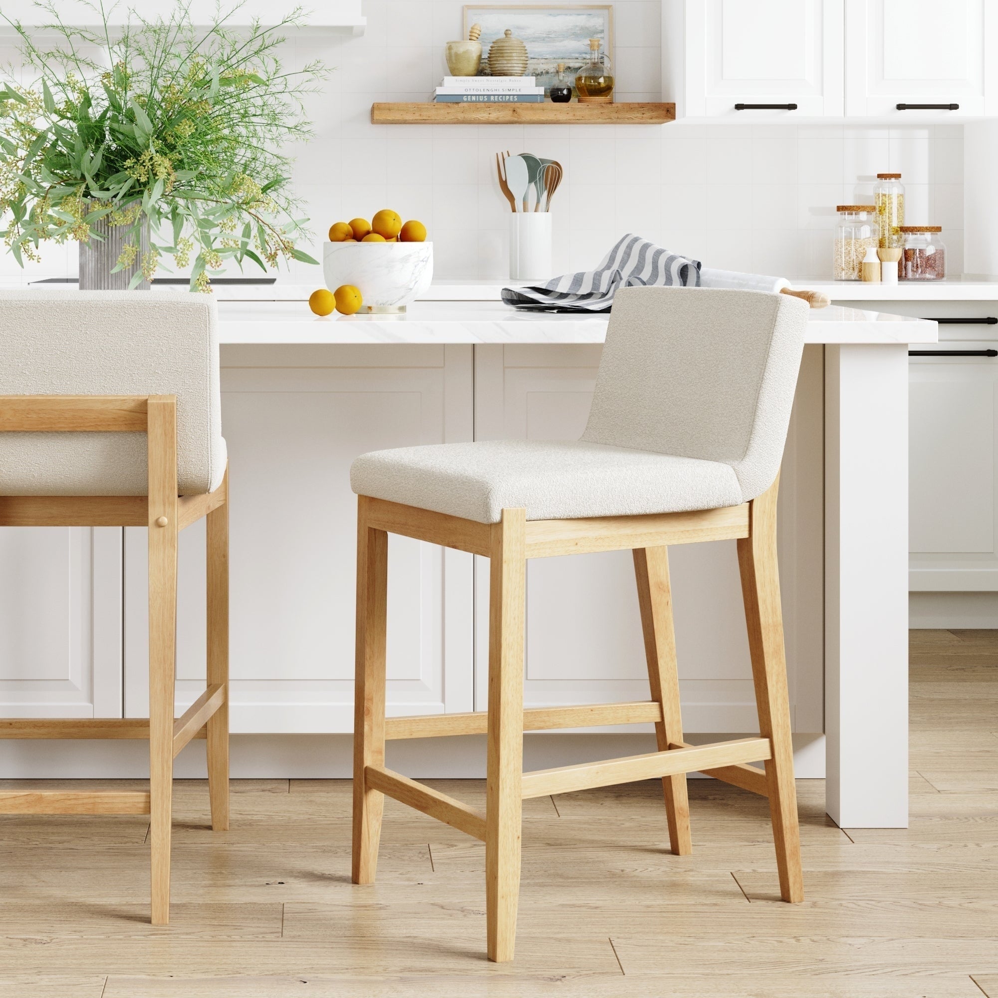 Tabouret de bar moderne Gracie, chaise rembourrée en tissu bouclé et pieds en bois brossé