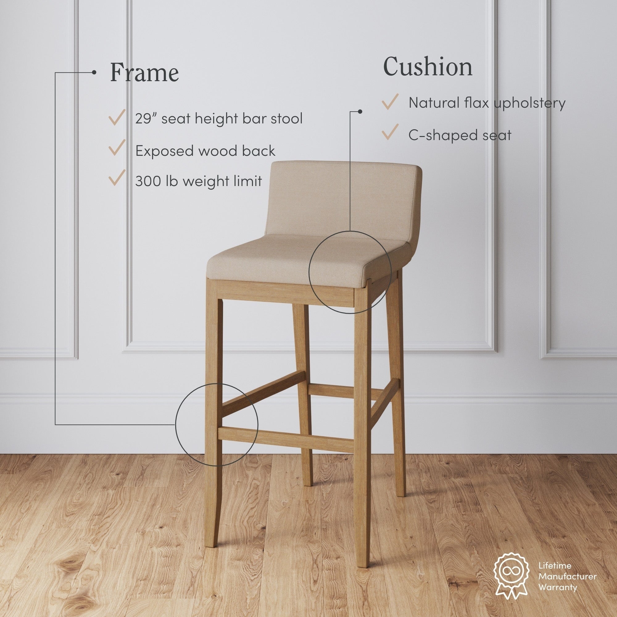 Tabouret de bar moderne Gracie, chaise rembourrée en tissu bouclé et pieds en bois brossé