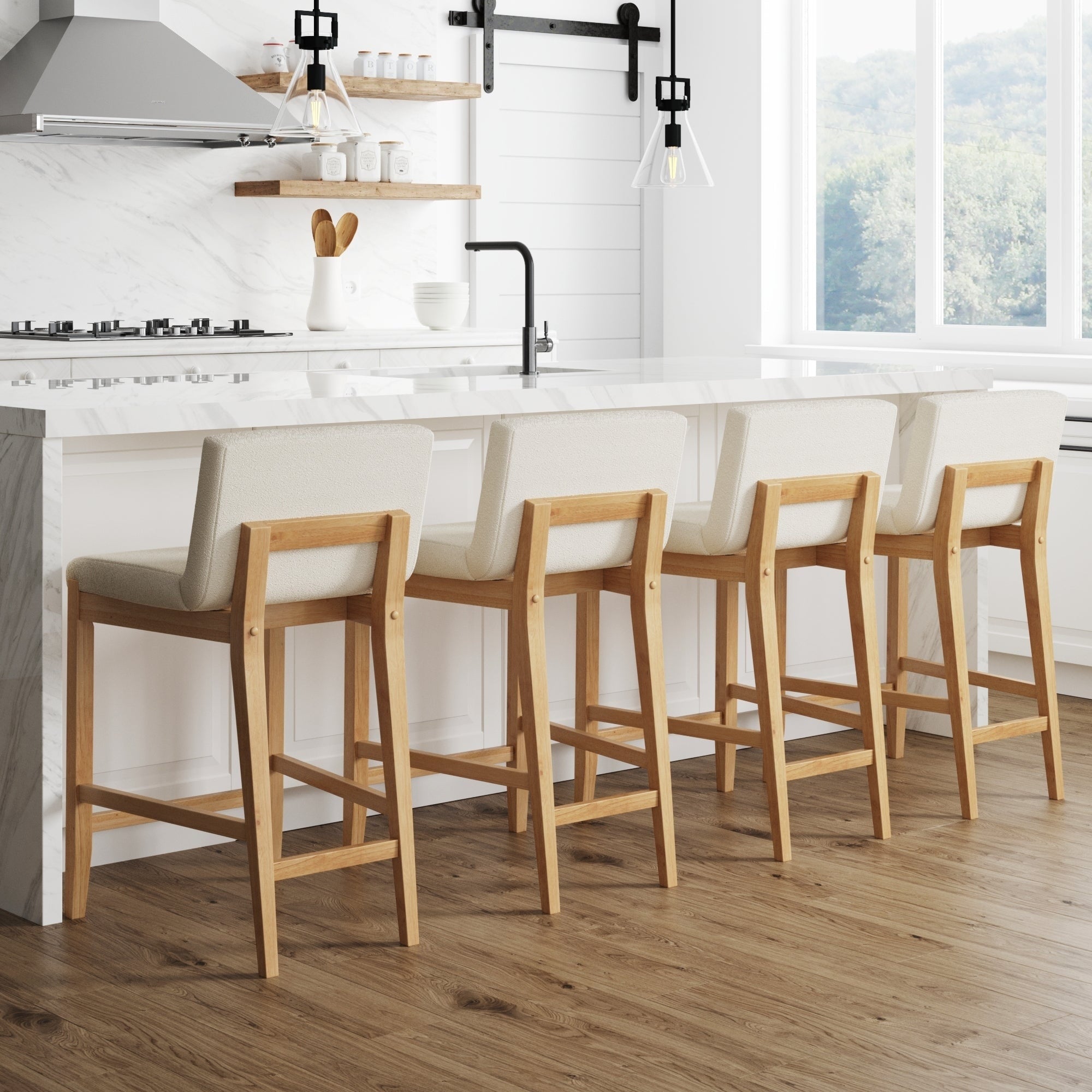 Tabouret de bar moderne Gracie, chaise rembourrée en tissu bouclé et pieds en bois brossé