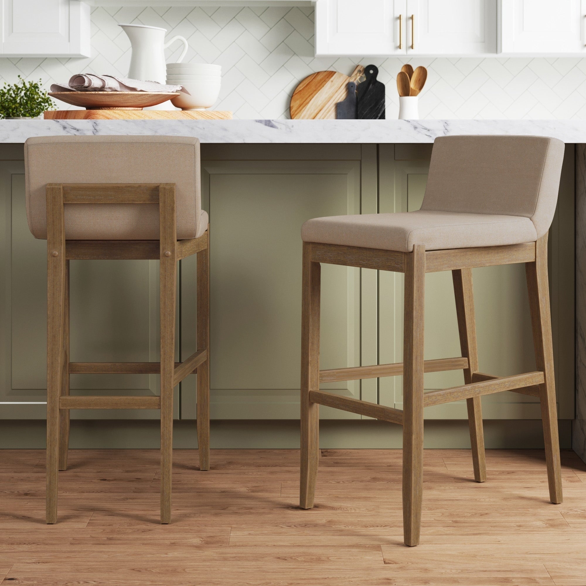 Tabouret de bar moderne Gracie, chaise rembourrée en tissu bouclé et pieds en bois brossé