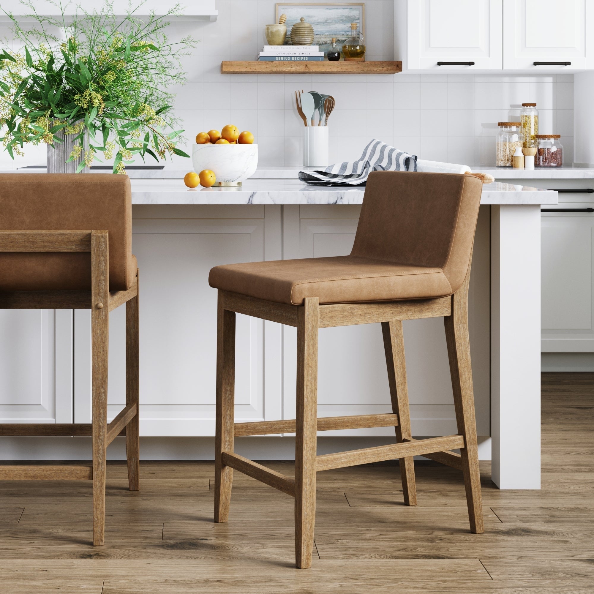 Tabouret de bar moderne Gracie, chaise rembourrée en tissu bouclé et pieds en bois brossé