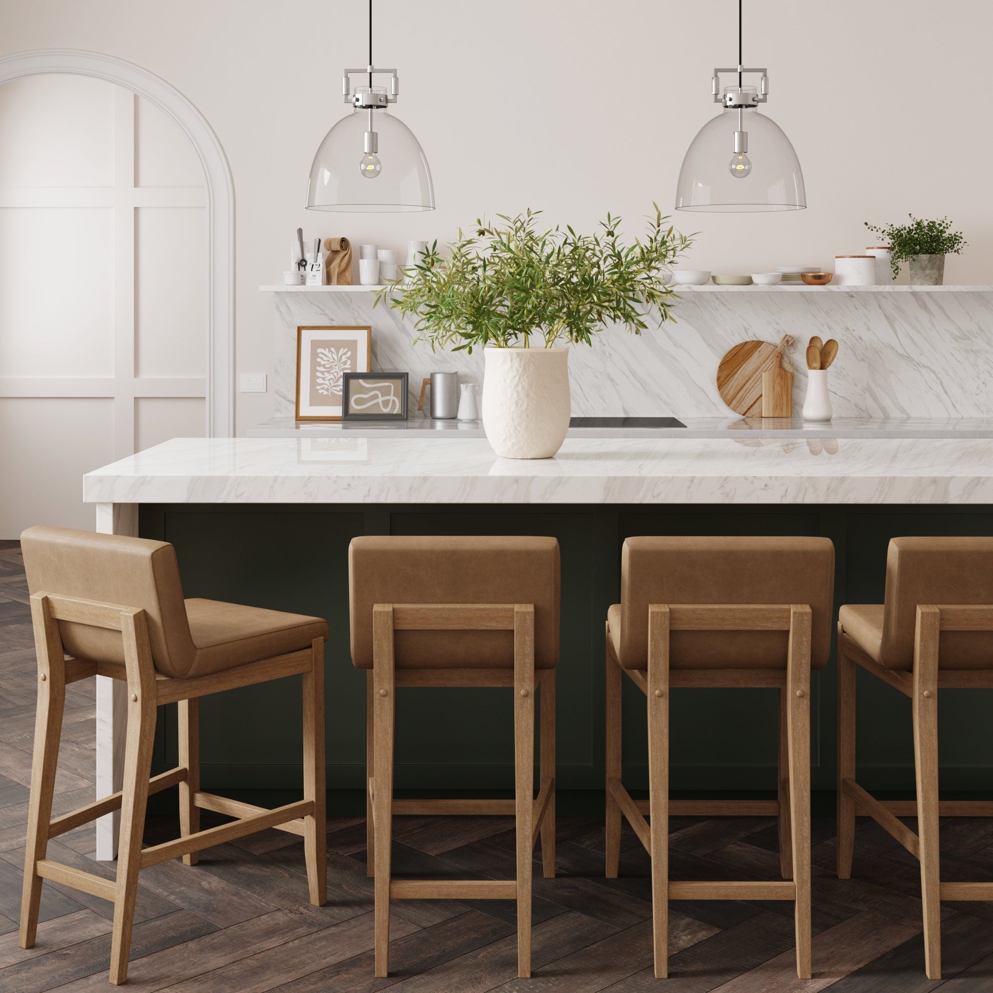 Tabouret de bar moderne Gracie, chaise rembourrée en tissu bouclé et pieds en bois brossé