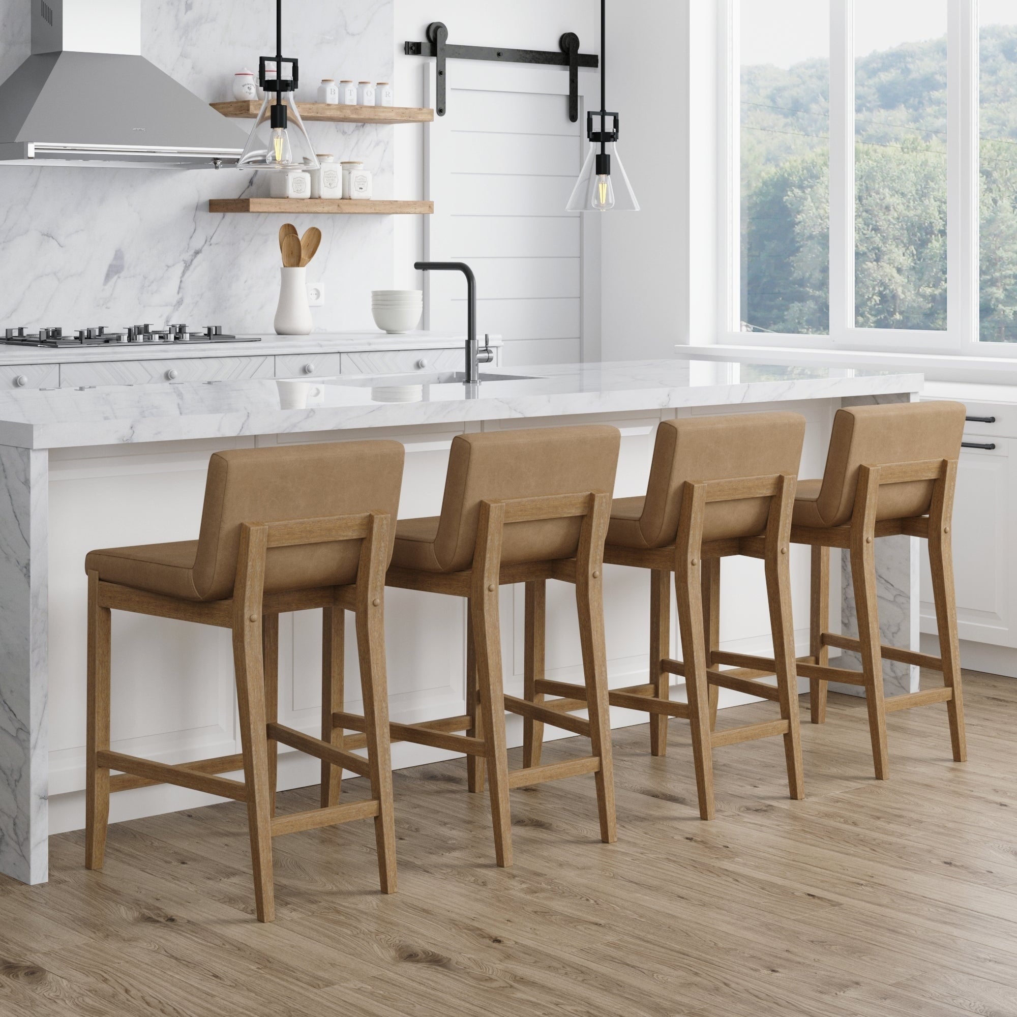 Tabouret de bar moderne Gracie, chaise rembourrée en tissu bouclé et pieds en bois brossé