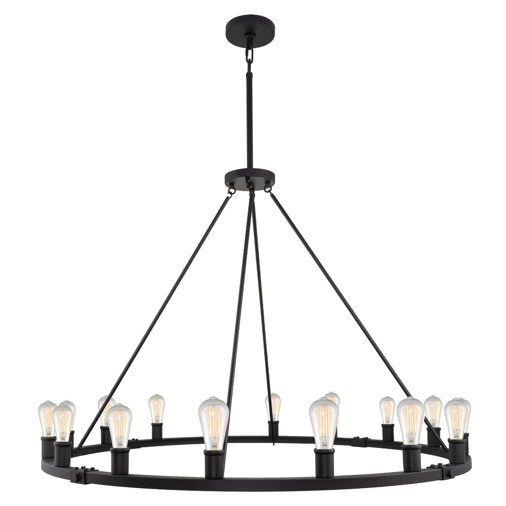Lustre industriel rustique à 16 lumières Homestead 50 pour îlot de cuisine, en forme de roue de chariot.