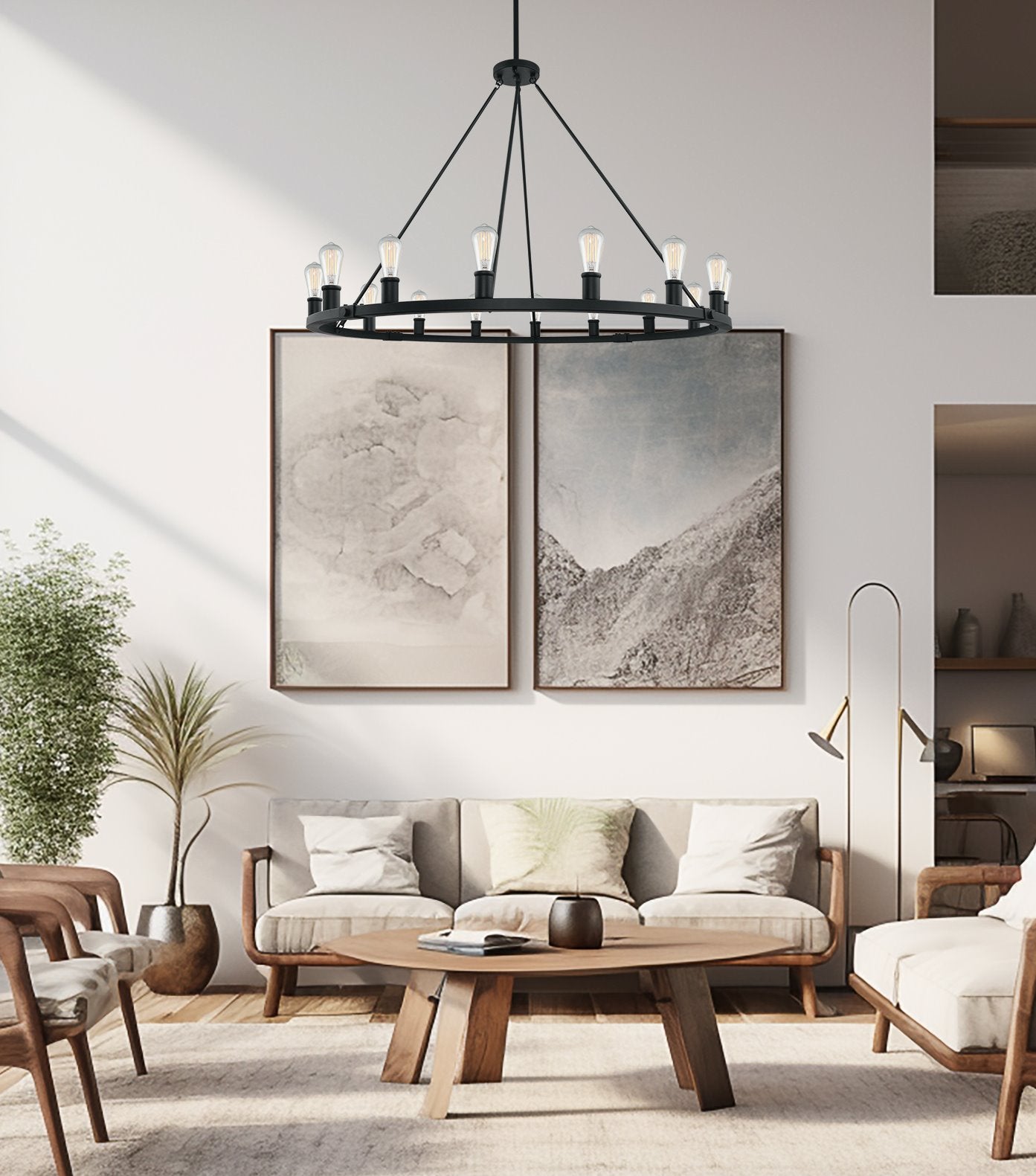 Lustre industriel rustique à 16 lumières Homestead 50 pour îlot de cuisine, en forme de roue de chariot.