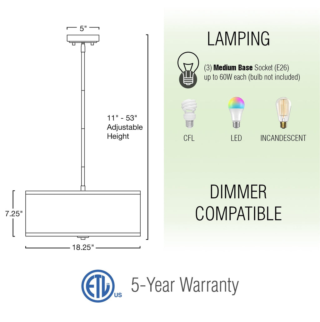 Lustre suspendu Nolan 18 Classic à 3 lumières en forme de tambour