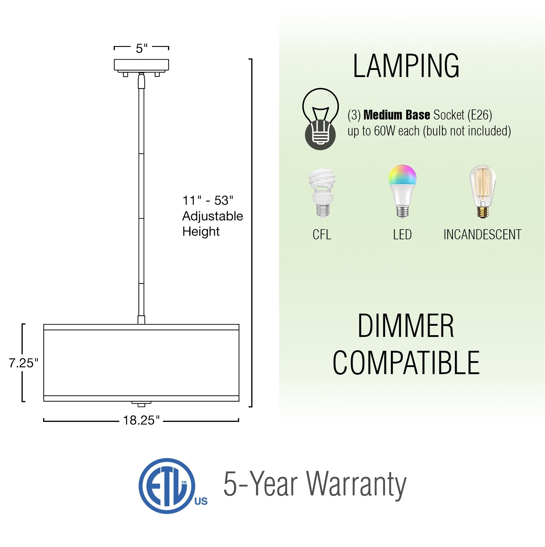 Lustre suspendu Nolan 18 Classic à 3 lumières en forme de tambour