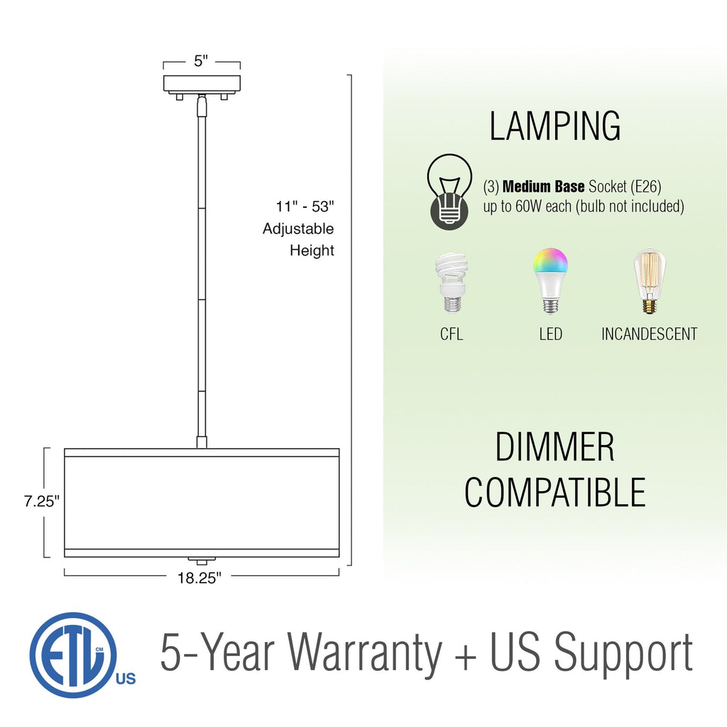 Lustre suspendu Nolan 18 Classic à 3 lumières en forme de tambour